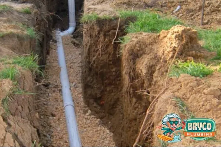 A newly installed white PVC sewer pipe rests at the bottom of a deep earthen trench before backfilling.