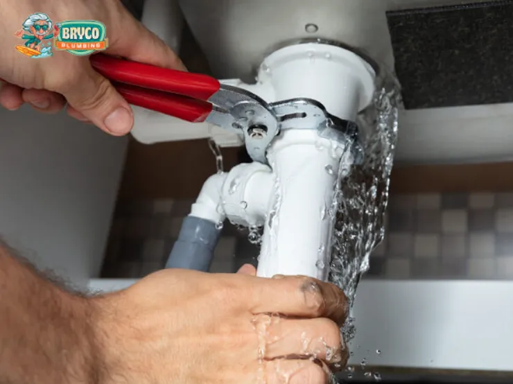 A technician in a blue shirt kneels on a sidewalk to inspect an open outdoor sewer cleanout pipe.