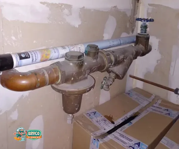 Close-up of a corroded copper pipe joint with heavy mineral deposits and green oxidation.