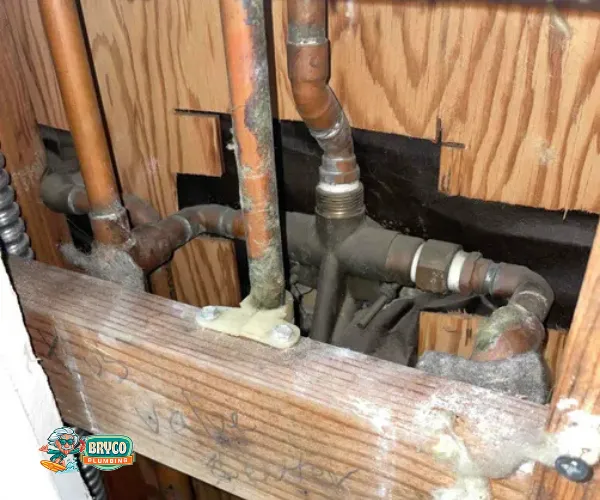 Section of copper plumbing with significant limescale buildup on threaded connections and valves.